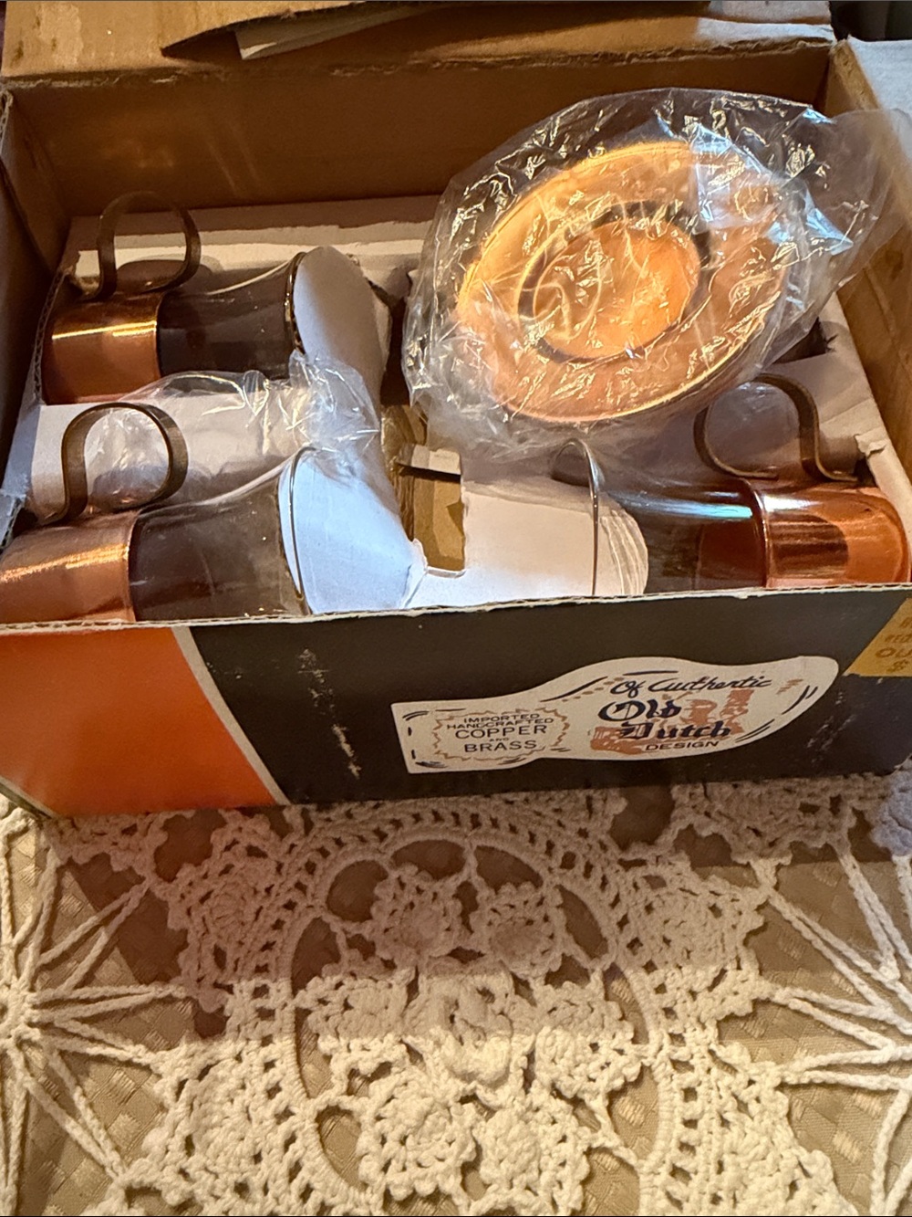 Old Dutch Copper Brushed Espresso coffee cups and saucers Set of 3.